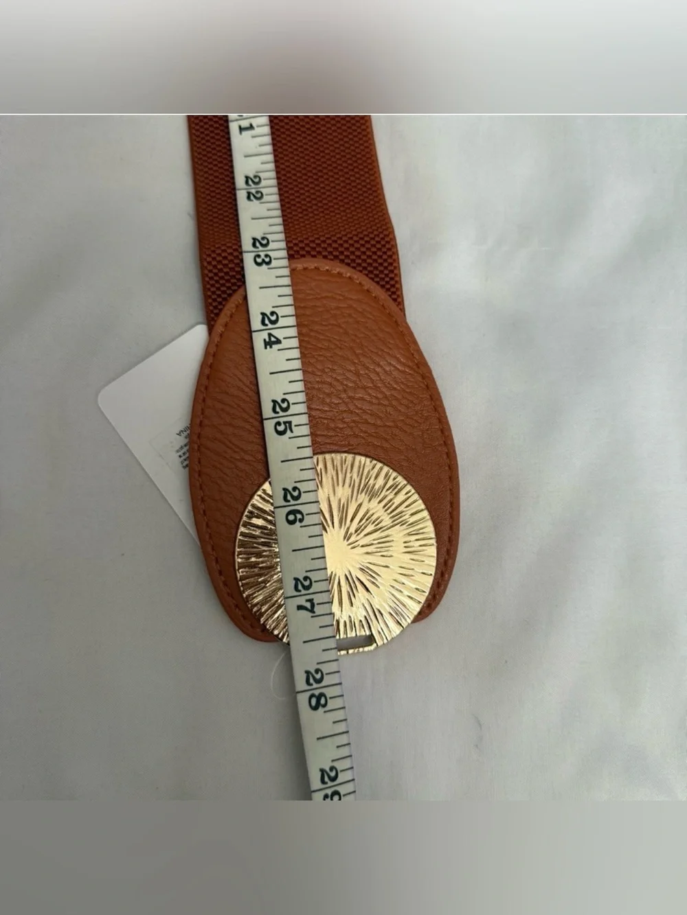 Camel PU leather elastic waistband belt with gold tone buckle